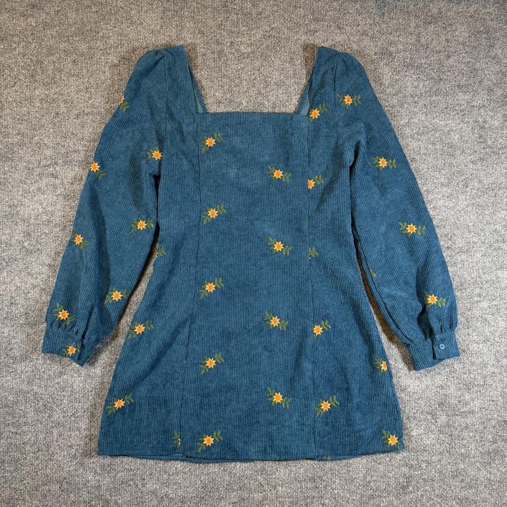 Cider Corduroy Teal Floral Embroidered Long Sleeve Mini Dress M Cottagecore